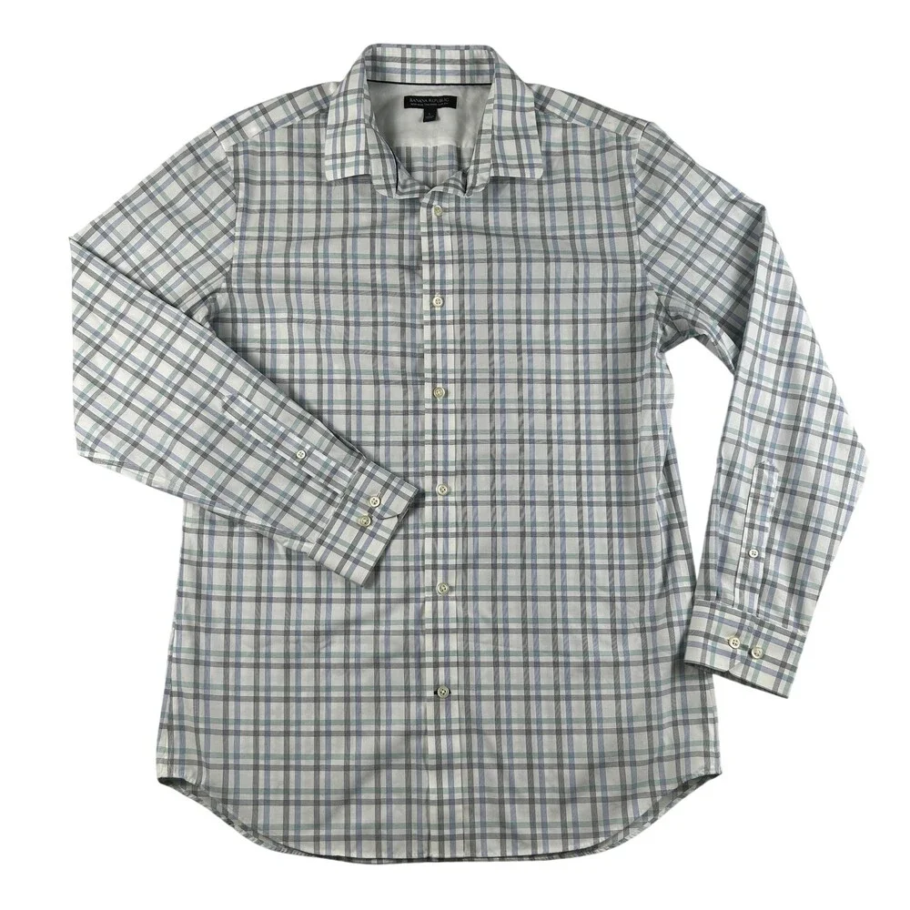Banana Republic Dress Shirt Mens 16-16.5 L Blue Plaid Slim Fit Non Iron